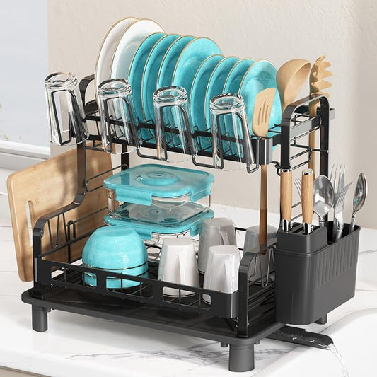 2 Tier Dish Drying Racks for Kitchen Counter with Utensil Holder | Large Stainless Steel Dish Drain, Space Saving, Big Modern Silver Countertop Metal Plates Dryer Strainer and Extra Tray