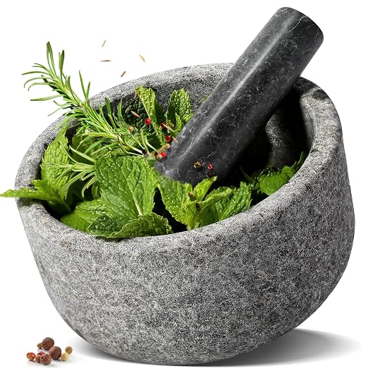 Granite Mortar and Pestle Set, 6.3"-2 Cups Unpolishesd Stone Grinder Bowl for Guacamole, Salsa, Pill Crusher, Spice, Herb, Garlic, Nut, Heavy Duty Grinder for Kitchen(Angola Silver Black)