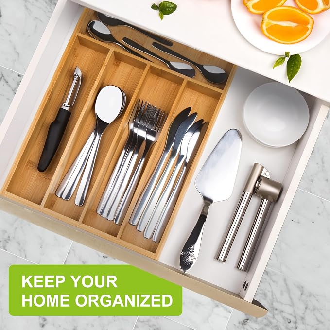 Unibambou Bamboo Silverware Drawer Tray, Kitchen Flatware Cutlery Organizer | 5 slots kitchen storage tray, Natural Bamboo Material, Perfect organizer for flatware cutlery utensils, 9.8"W x 13.8"D x 2"H