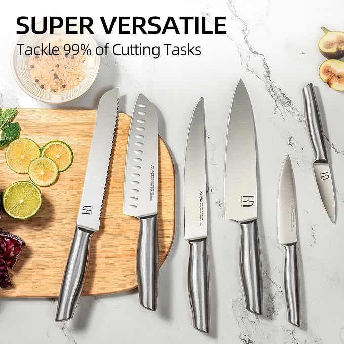 KnifeSaga 14 Pcs Knife Set with Block, Premium, Razor Sharp, Japanese Steel | Innovative Steel, High Carbon Stainless, Enduring Sharpness, Ergonomic Handle, Quality Natural Wood Block, Gift Box