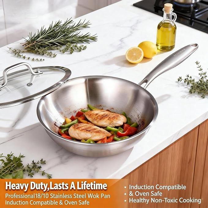 DELARLO Tri-Ply Stainless Steel Woks, 12 Inch Healthy Non-Toxic Cooking Wok Pan with Lid, Wide & Deep Cookware Stir-Fry Pans, Dishwasher and Oven Safe Up To 600°F, Works on Induction，Detachable Handle