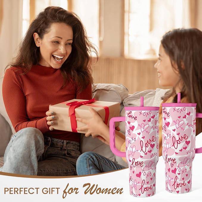 SANDJEST Heart Tumbler with Handle 40oz, Valentines Stainless Steel Insulated Tumblers Coffee Travel Cup with Straw Lid, Gifts for Women Girl