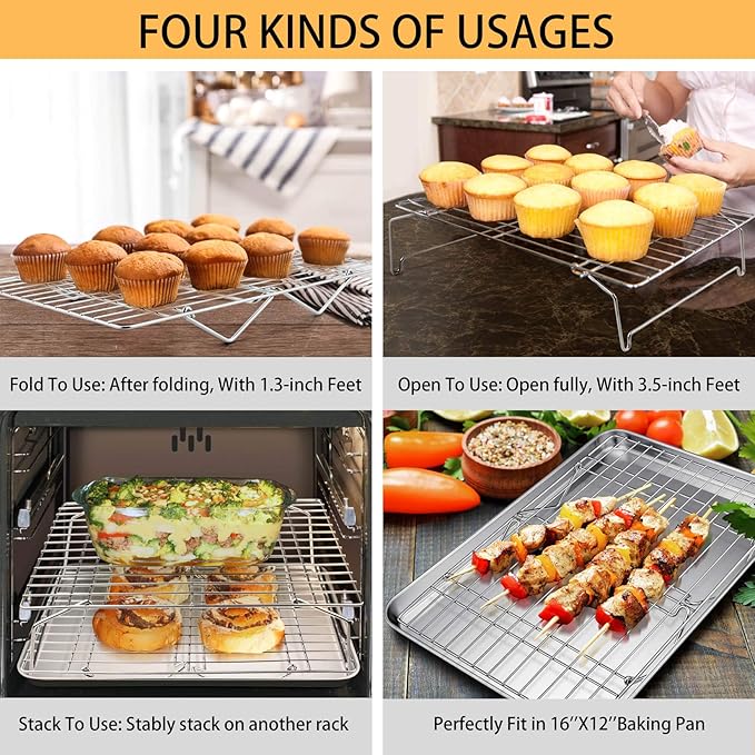 P&P CHEF 4-Tier Cooling Rack Set, Stainless Steel Stackable 15" x 10" Rack | Baking Cooking Racks for Cooling Roasting Cooking, Raised & Folding Feet, Oven Safe & Easy Clean, Silver