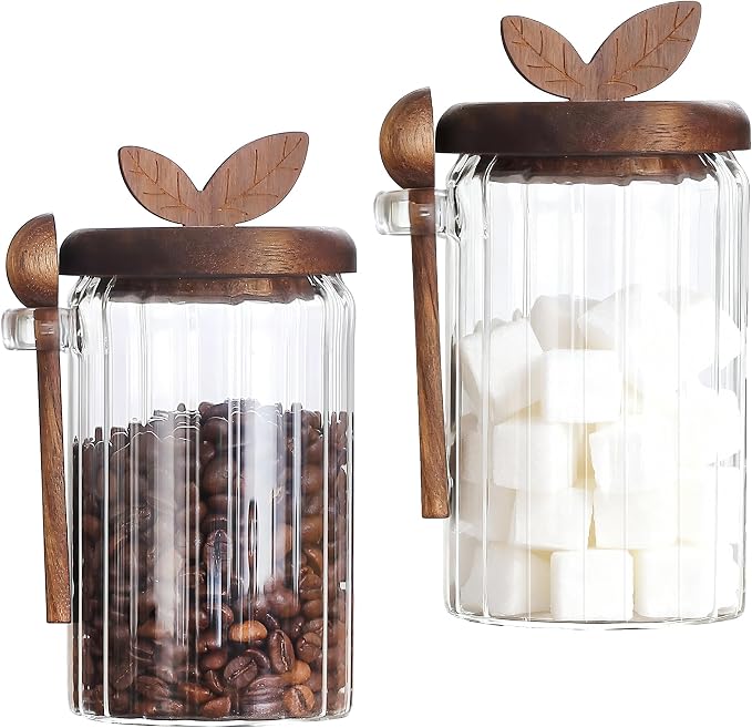 holoith 2 Pack Sugar Bowl Sugar Container 27oz Glass Jars with Bamboo Lid and Spoon, Airtight Food Storage Jar for Coffee Bar, Kitchen Canisters for Coffee Beans, Spice, Brown Sugars, Nuts, Candy | Airtight Food Storage Jar for Coffee Bar, Kitchen Cani...
