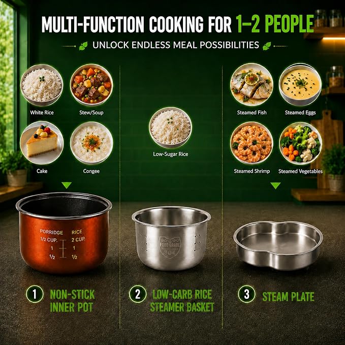 Audecook Low Carb Rice Cooker 2-Cup Uncooked Mini Multicooker with Steamer | 1.2L Mini Rice Cooker Portable 7-in-1 Rice Maker with Non-Stick Pot 24H Timer Auto Keep Warm Stainless Steel Steamer