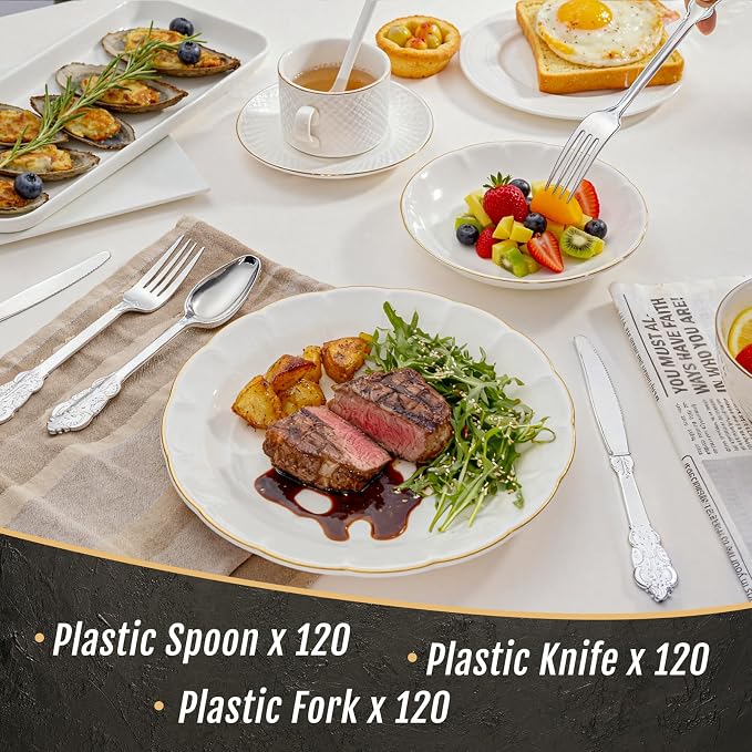 360 Pieces Silver Plastic Silverware- Disposable Flatware - Heavyweight Plastic Cutlery- Includes 120 Forks, 120 Spoons, 120 Knives for Christmas