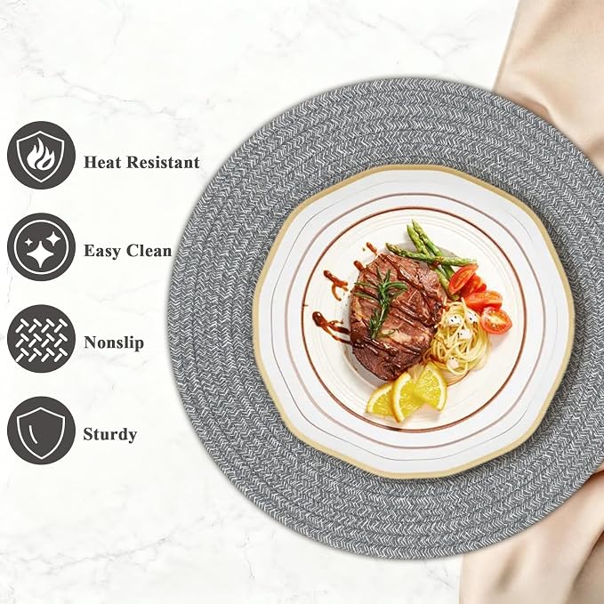 Round Placemats Set of 6, Cotton Rope Woven Table Mats, Hot Pads for Kitchen, Non Slip Heat Resistant Place Mats, 13 Inches Braided Placemat for Farmhouse Decor and Kitchen Table Decor (Gray)