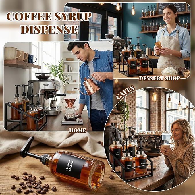 Coffee Bar Accessories, 4 Pack 16.9oz/500ml Coffee Syrup Dispenser with 1/4oz Pump, 2-tier Syrup Rack Organizer, Labels, Straw Brushes, Funnels for Kitchen Countertop, Wine, Dressing Storage