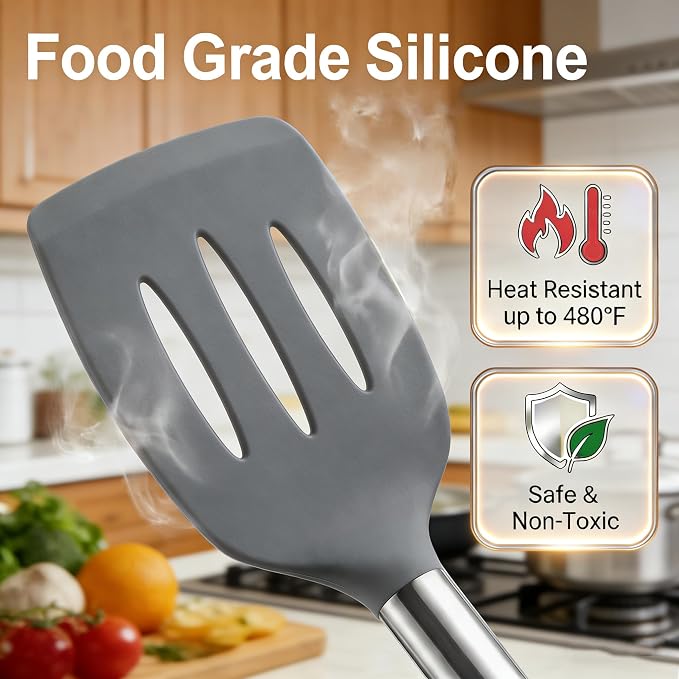 Vayvnt 4PCS Cooking Utensils Set, Food Grade Silicone Kitchen Spatula, Gray | Non Toxic, Up to 480℉ Heat Resistant Silicone, Stainless Steel Handle, Slotted Spoons and Solid Turners, Dishwasher Safe