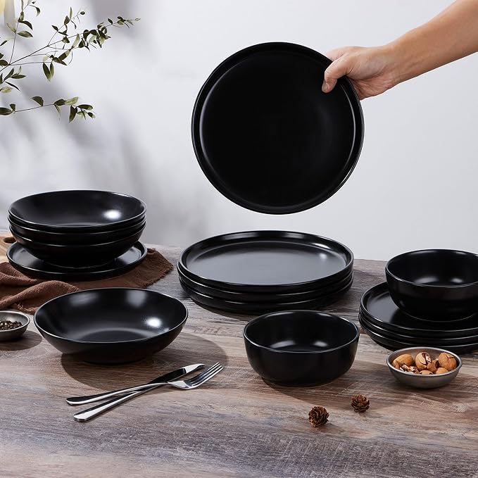 LIANYU Porcelain Dinnerware Sets, 12 Piece Dishes Set for 4, Black Onyx | Ceramic Durable Plates and Bowls, Chip and Scratch Resistant Dishware Dishes Set, Dishwasher & Microwave Safe Stoneware Set