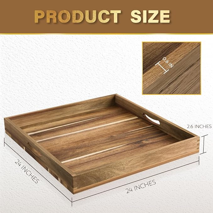 Extra Large Ottoman Tray, 24" Square Acacia Wood Tray with Handles | Farmhouse Wooden Decorative Trays, Oversized Coffee Table Tray, Serving Platter Tray for Living Room, Countertop, Charcuterie