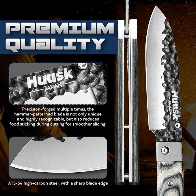 Huusk Japanese Folding Santoku Knife - Pocket Chef Knife | Portable Kitchen Knives, Hand Forged Blade, Wooden Handle, Gift Box, For BBQ, Camping and Travel