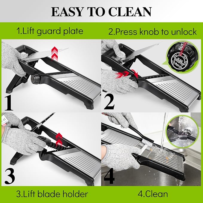 Mandoline Slicer, Adjustable Stainless Steel Vegetable Slicer for Kitchen | Mandoline Food Slicer for Vegetable, Onion, Potato, Fruit French Fry, Send Cut Proof Gloves & Cleaning Brush, Dishwasher Safe