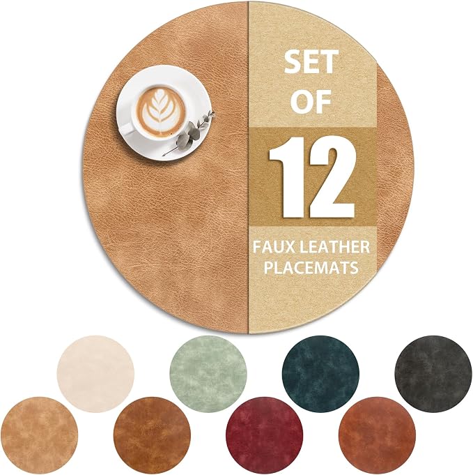 ADRIMER Placemats, Heat Resistant Round Placemats Set of 12 Washable, Waterproof Table Mats, Wipeable Faux Leather Place Mats for Kitchen, Dining Room, Camel