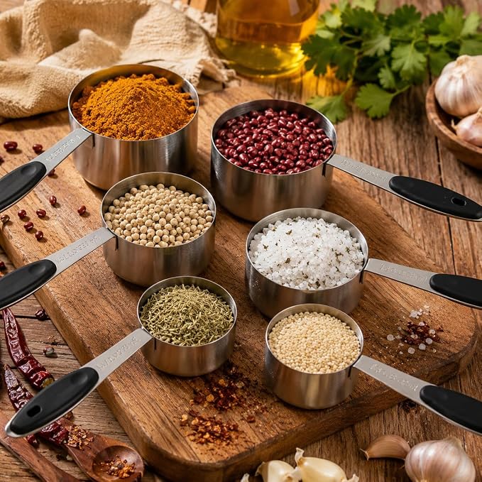 16 Pieces Measuring Cups and Magnetic Measuring Spoons Set Stainless Steel,8 Measure Cups with Silicone Handle and 7 Double Sided Magnetic Measure Spoons & 1 Leveler