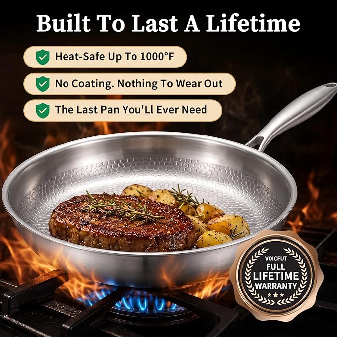 12" Titanium Pans for Cooking, 100% Pure Titanium Frying Pan | Food-grade titanium; naturally non-toxic; no PTFE/PFOA/PFAS coating; induction ready, dishwasher safe, oven safe to 1000°F
