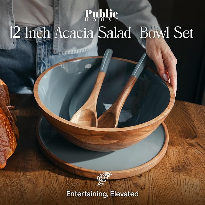 Large Wooden Salad Bowl Set 12.5 Inch with Serving Utensils, Tray Lid and Carry Strap. Acacia Wood Large Salad Bowls Ideal for Fruits and Dishes, Wooden Bowls for Food, Serving and Fruit Bowl