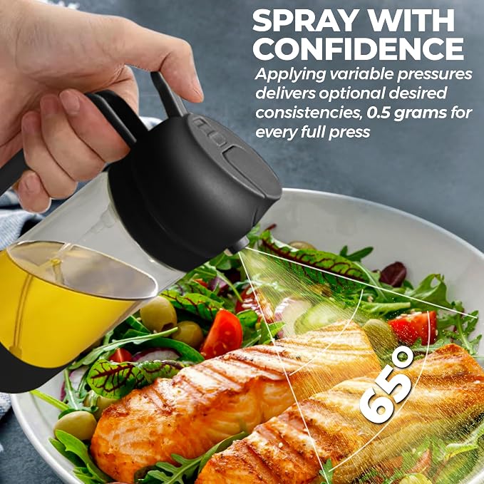 MBO 2-in-1 Olive Oil Spray Bottle for Cooking – 16oz / 470ml Glass Dispenser with Silicone-Encased Base, Mist & Pour Spout – Refillable Kitchen Gadget for Air Fryer, Salad, BBQ
