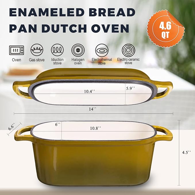 4.6 Quart Dutch Oven for Sourdough Bread Baking | Oval Bread Dutch Oven with Lid, Cast Iron Bread Pan for Crispy Crust, Steam Baking Design for Artisan Homemade Loaves, Olive