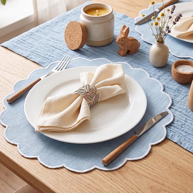 Set of 12 Gray Blue Cotton Placemats 15" Round Scalloped White | Double Layered Cotton Fabric, Washable Embroidery, White Edge Edge, Rustic Table Mats for Wedding Dining Table Decor