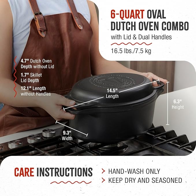 Victoria 6-Quart Cast Iron Oval Dutch Oven, Combination Combo Cooker Pot and Skillet, Bread Baker, Made in Colombia, 2-Piece Set | Combination Combo Cooker Pot and Skillet Lid, Bread Baker, Made in Colombia