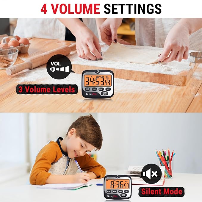 TempPro TM01 2-in-1 Kitchen Timers for Cooking with 12/24H Clock Mode | Magnetic Timer with Adjustable Alarm Volume, Digital Timer with Touch Backlight, Kids Timers for Classroom Teacher Supplies