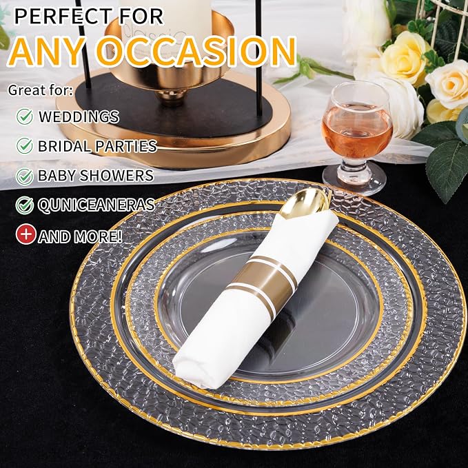 400PCS Gold Wrapped Silverware Set Disposable Hammered for Weddings | Pre-Rolled and Individually Wrapped, 100 Guests, Durable and Sturdy, BPA free, Includes Matching Napkins, for Upscale Dinners