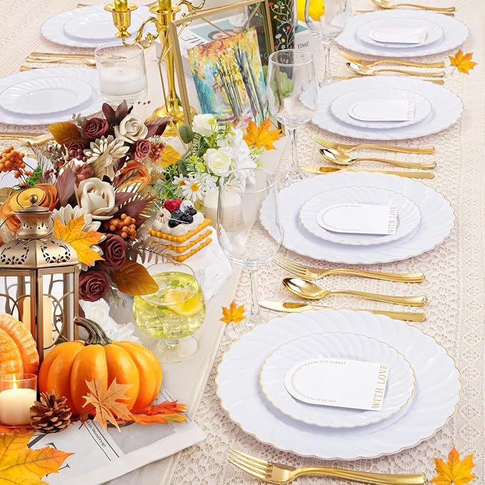 YOUBET 125PCS White and Gold Plastic Plates for Wedding Parties | White Plates Disposable with Gold Rim Include 25 Dinner Plate 25 Dessert Plate 75 Gold Silverwares