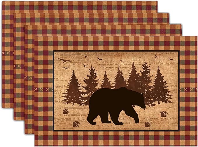 Rustic Bear Forest Pine Tree Placemats Set of 4, Wildlife Paw Print Buffalo Plaid Table Place Mats 18 x12 Inch Heat Resisting Non-Slip Table Mats for Party Holiday Kitchen Farm Indoor Decor