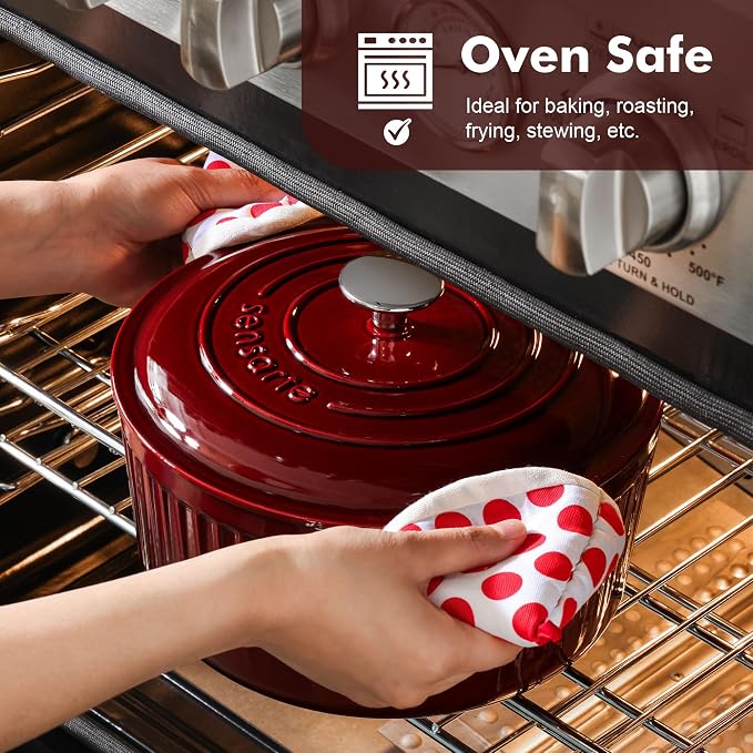 SENSARTE Enameled Cast Iron Dutch Oven Pot with Lid 3.5/5.5/6.5 Quart Heavy-Duty Round Dual Handles Kitchen Pot with Cotton Potholders & Silicone Trivet, Pot for Bread Baking, Stews, Braising, Roasting, Oven Safe, 3.5 Quart, Red