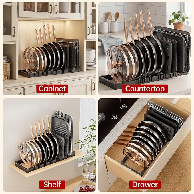 Expandable Pot and Pan Organizer with 14 Adjustable Dividers | Solid Metal Under‑Cabinet Pot Lid Organizer 14.1''‑24.8'', Lid Organizers Inside Cabinet, Fits Bakeware & Cookie Sheets