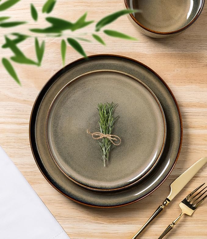 Ceramic Dinnerware Set for 6, 18-Piece Plates and Bowls Set | Handmade Reactive Glaze Dish Set, Scratch Resistant, Oven & Microwave & Dishwasher Safe, Mocha Brown