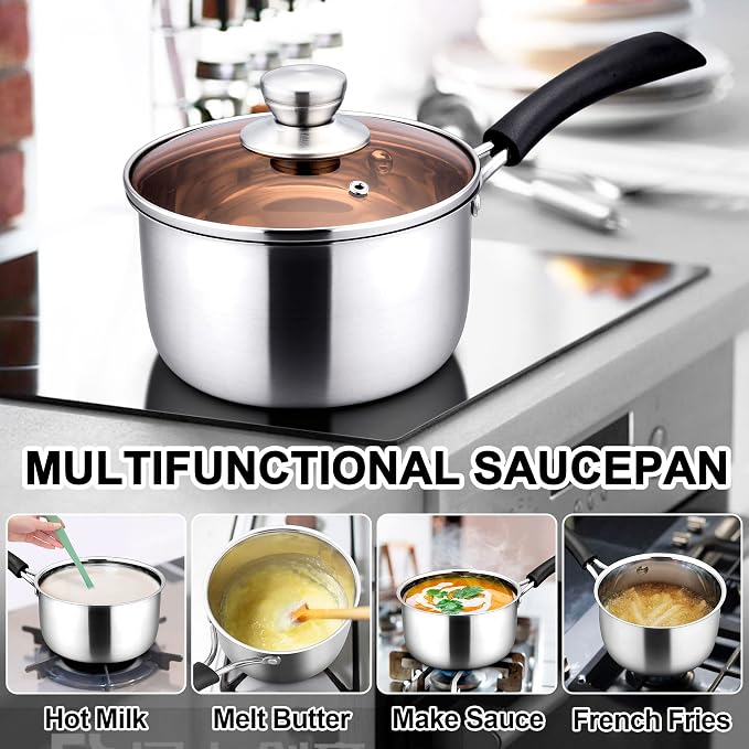 LIANYU 3QT Saucepan with Lid, Stainless Steel Sauce Pan, Induction Ready | Small Sauce Pot, Multipurpose Cooking Pot for Milk, Soup & Butter, Stay-cool Handle, Heavy Duty & Non Toxic, Dishwasher Safe