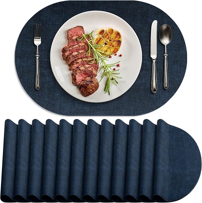 Placemats Set of 12-17" x 11.8" Waterproof & Heat Resistant Oval Place Mats, Wipeable Washable Double Layer Faux Leather Table Mats, Dark Blue