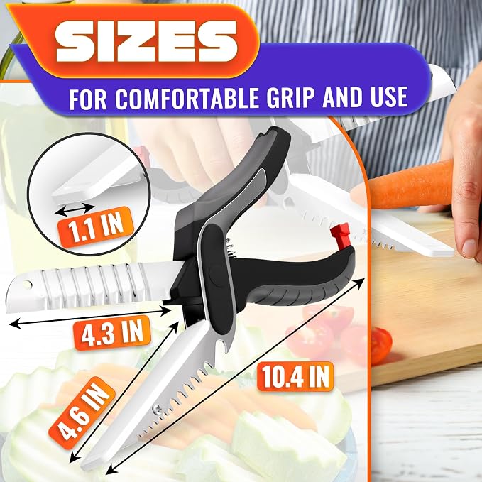 6 in 1 Cutting Board Scissors for Food, Detachable Knife | Cheese Scissors with Built-In Fish Scaler, Bottle Opener and Safety Lock; Dishwasher Safe, Ribbed Blade for Meat & Vegetables