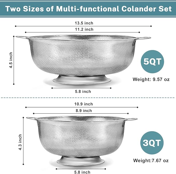 Pleafind Colander for Kitchen - 5 QT & 3 QT Stainless Steel Strainer with Handle, Kitchen Strainer Colanders Bowl for Pasta, Noodles, Spaghetti, Vegetables and Fruits, Rust-Resistant & Dishwasher Safe