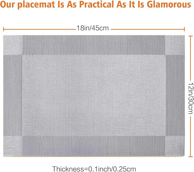 Silver Vinyl Placemats Set of 6,Washable Dining PVC Table Mats | Heat resistant, stain resistant non slip vinyl place mats, washable silver table placemats for dining table
