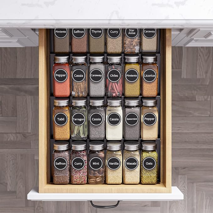 SpaceAid 24 Pcs Spice Jars with Labels, Empty 4oz Glass Spice Bottles, Minimalist Farmhouse Spice Labels Stickers with Funnel, Seasoning Containers for Spice Rack, Cabinet and Drawer