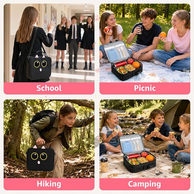 Insulated Lunch Bag lonchera for Teen Girl Boy Kid Bento Box Reusable Large Capacity Portable Waterproof Leakproof with Name Tag to School Office Picnic Travel (1PCS Lunch Bag) (Black)
