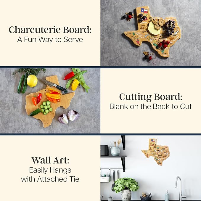 Totally Bamboo Texas State Shaped Cutting Board, Art by Fish Kiss | State charcuterie board with colorful hand-drawn map artwork. Smooth reverse side for food prep. Hang tie for wall display.