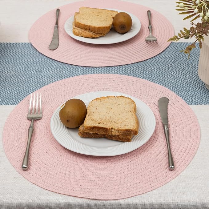 Winknowl 15 Inch Round Braided Placemats Set of 8, Washable Cotton Polyester Table Mats, Heat Resistant Non-Slip Place Mats for Kitchen Dining Table Decor (Pink,8pcs)