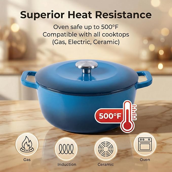 5QT Enameled Cast Iron Dutch Oven,Concave Self-Basting Lid,Blue | Versatile,heavy-duty Large Dutch oven,PFAS-free,oven safe to 500°F,sourdough,braising/stews/roasting,Housewarming Gift