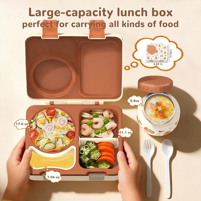 Bento Lunch Box for Kids Adult, Leakproof 3-4 Compartment Bento Box Set with Insulated Food Jar,Water Bottle, Lunch Bag, School Lunch Container for Toddler Teen Girls Boys Ages 3+(Brown)
