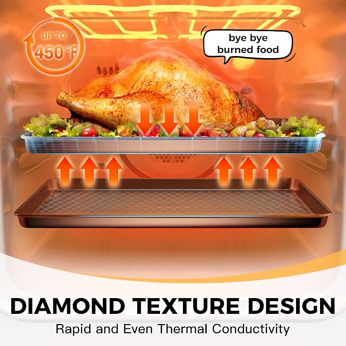 9-Piece Baking Pans Set Nonstick, Stackable Non Toxic Bakeware Sets with Diamond Texture, Oven Pan Set for Cooking, Includes Cookie Sheet with Rack, Cake Pan, Roasting Pan, Muffin Tin, Gold