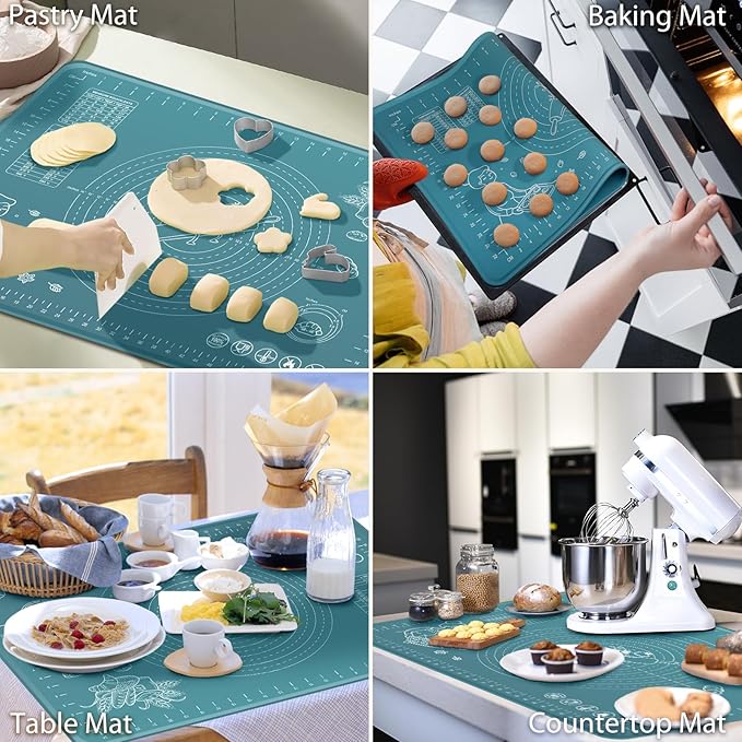 Silicone Pastry Mat 28" x 20" Extra Thick Non Stick Baking Mat with Measurements and Edge Heightening, Food Grade Silicone Rolling Mat for Pastry, Bread, Cookies, Pizza, Fondant, Pasta