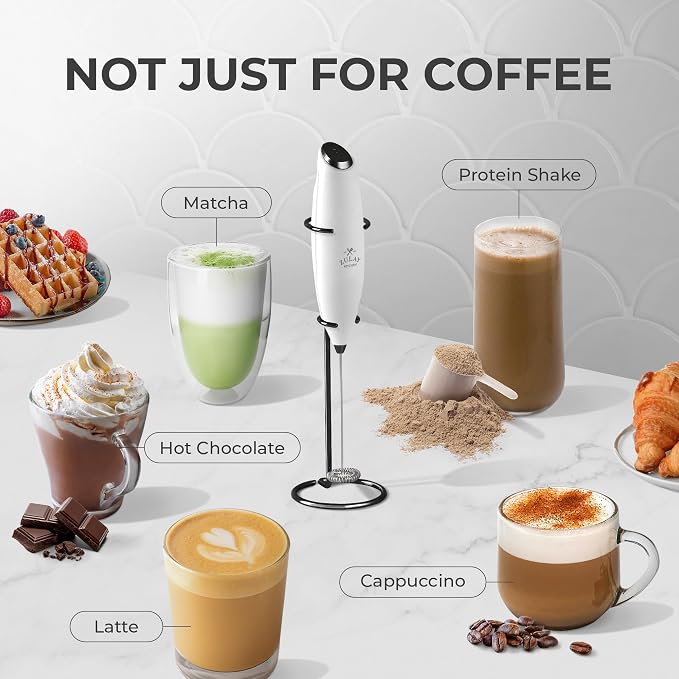 Zulay Kitchen Powerful Milk Frother Wand With Duracell Batteries - Ultra Fast Handheld Drink Mixer - Electric Whisk Foam Maker for Coffee, Lattes, Cappuccino & Matcha - Z1 Motor - White & Black