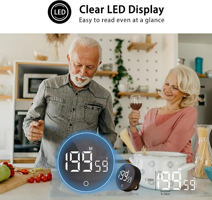 Digital Kitchen Timers, Magnetic Rotary Timer with Large LED Display, 3 Volume Levels, 0-199Min Countdown/Up, Easy Operation for Cooking, Studying, Fitness, Kids & Seniors