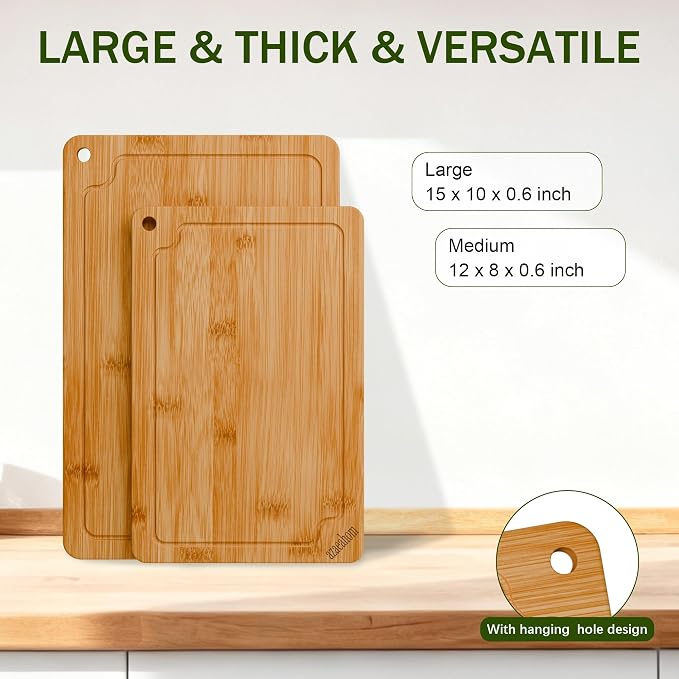 2-Piece Bamboo Cutting Board Set Serving Tray Juice GroovesHandles | Ideal for Meat Vegetables Fruit,Easy Storage & Quick Clean,Natural Wood Construction,Dual-Purpose as Serving Tray