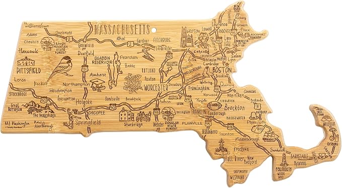 Totally Bamboo Destination Massachusetts State Shaped Cutting Board | State charcuterie serving board with engraved map artwork. Smooth reverse side for food prep. Hang tie for wall display.