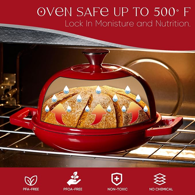 CAROTE 5QT Enameled Cast Iron Dutch Oven, Red Round Bread Oven | Homemade Sourdough Bread Baking, Healthy & Non-Toxic, Dual Handles, All Stovetop Compatible, Oven Safe up to 500° F